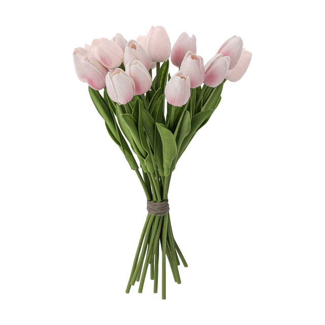 Artificial tulip bouquet in pink with closed, cupped blooms on long green stems and slender leaves, tied with twine, against a plain white background.