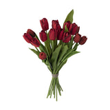 Artificial tulip bouquet in red with cupped flower heads on long stems and broad green leaves, tied with twine, shown against a plain white background.