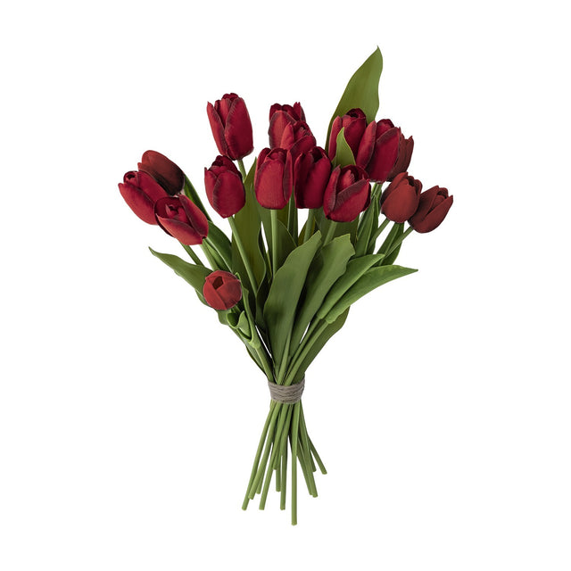 Artificial tulip bouquet in red with cupped flower heads on long stems and broad green leaves, tied with twine, shown against a plain white background.
