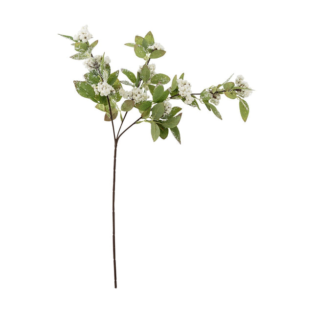 Snowberry Artificial Christmas Stem in White, a faux branch with clustered white berries and frost-dusted green leaves on a slender brown stem, shown against a plain white background.
