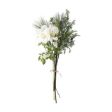 Kristin Artificial Christmas Bouquet in white, with trumpet-shaped blooms, pine fronds, small cones and frosted berries, stems bound with twine, on a plain white background.