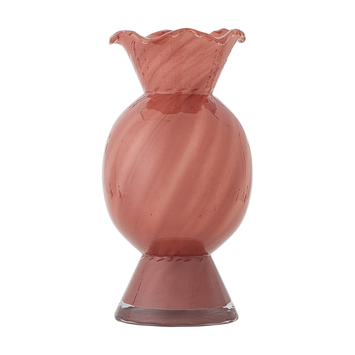 Rajan Wavy Glass Vase 29cm in pink, featuring a frilled wavy rim, swirling streaks, a round swelling belly, and a short conical foot, shown on a plain white background.