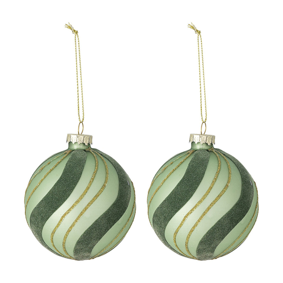 Sunita Striped Glass Christmas Baubles Set of 2 - Green