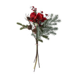 Rubia Artificial Christmas Bouquet in red, featuring large faux flowers, pine sprigs, pinecones and red berries on tied stems, shown against a plain white background.
