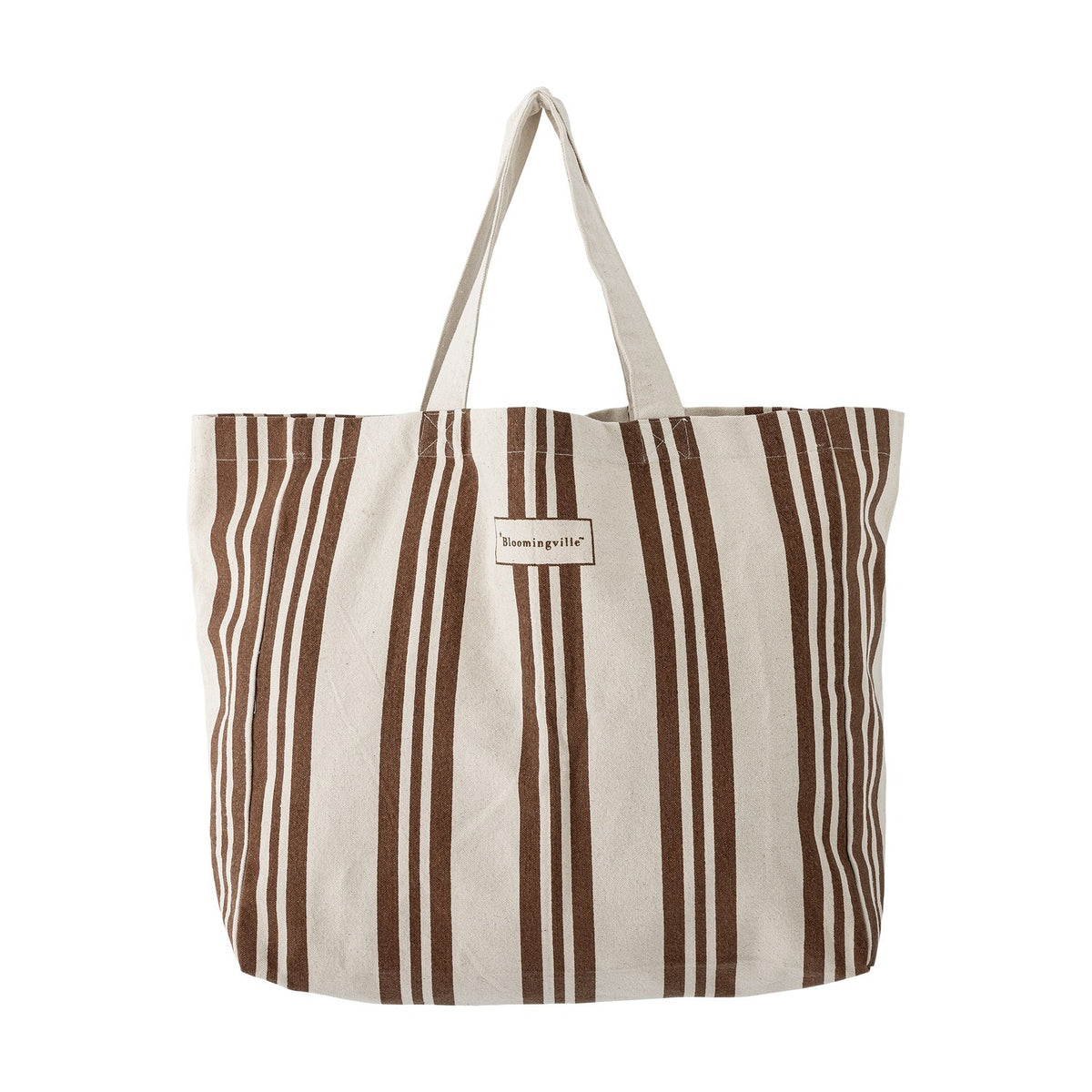 Trina Striped Cotton Shopping Bag in brown and natural vertical stripes, with twin fabric handles and a woven label, shown on a plain white background.