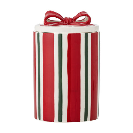 Marnia ceramic Christmas storage jar with red, white and green striped body and a white lid topped with a red bow, shown on a plain white background.
