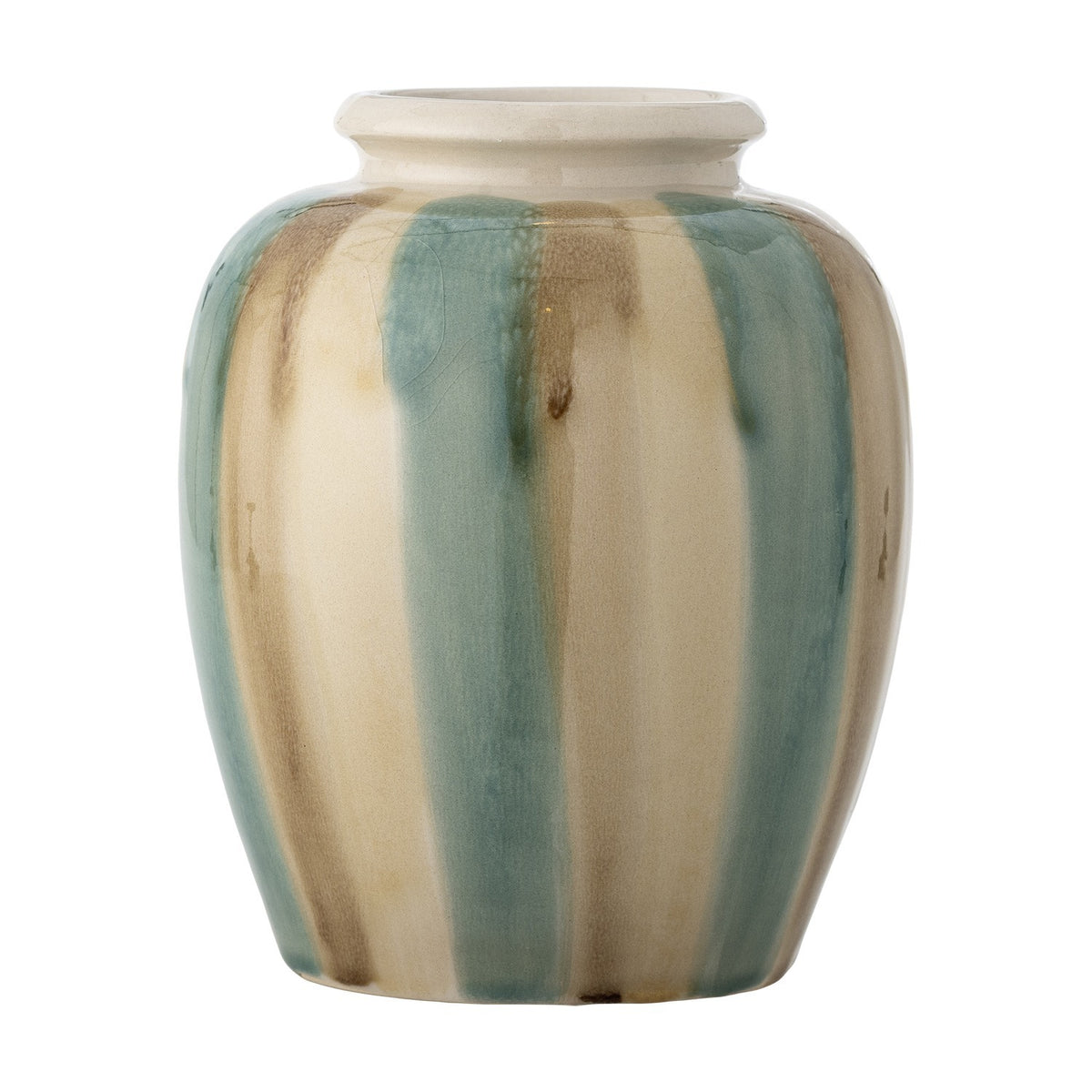 Rahima Crackle Stoneware Vase 20cm with rounded body and flared neck, hand-painted in teal, cream, and brown stripes under a crackle glaze, on a plain white background.