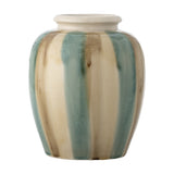 Rahima Crackle Stoneware Vase 20cm with rounded body and flared neck, hand-painted in teal, cream, and brown stripes under a crackle glaze, on a plain white background.