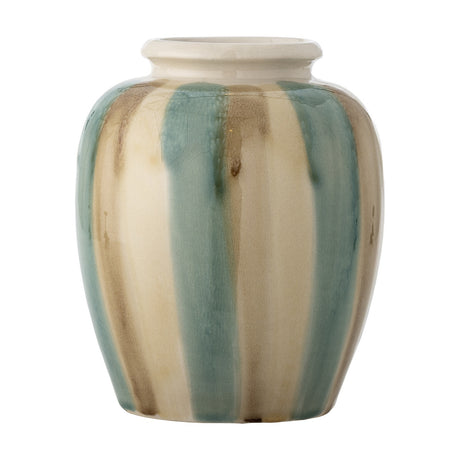 Rahima Crackle Stoneware Vase 20cm with rounded body and flared neck, hand-painted in teal, cream, and brown stripes under a crackle glaze, on a plain white background.