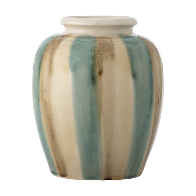 Rahima Crackle Stoneware Vase 20cm with rounded body and flared neck, hand-painted in teal, cream, and brown stripes under a crackle glaze, on a plain white background.
