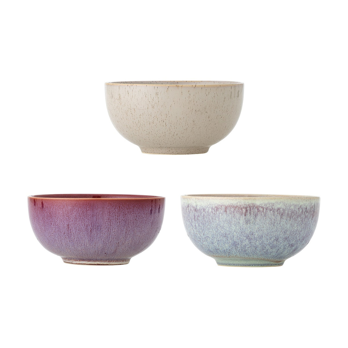 Addison Purple Speckled Stoneware Bowls, set of 3, 16cm ceramic bowls in beige, plum, and lilac reactive glazes with speckled texture, shown on a white background.