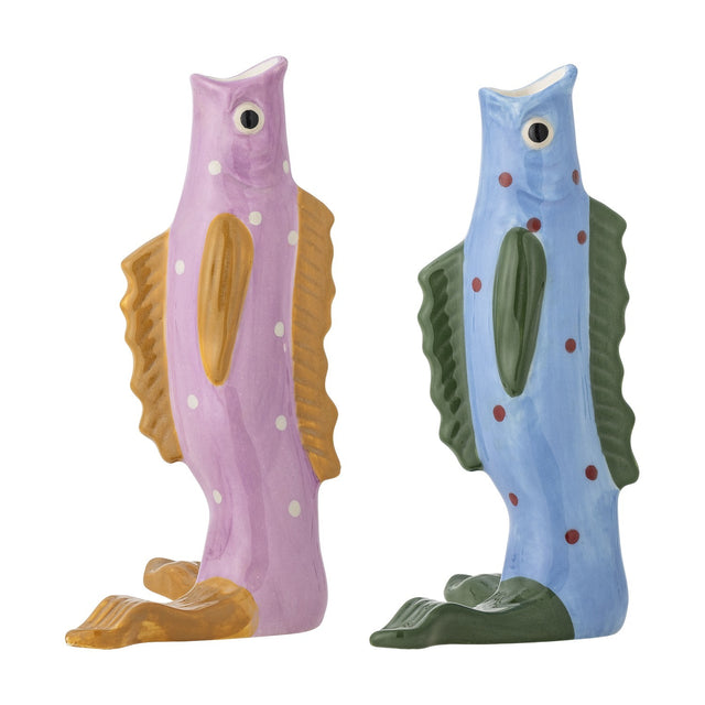 Mako Fish Stoneware Vases, 19cm, set of 2, upright fish shapes with open-mouth necks, painted eyes, ridged fins, and tail-fin feet in pink and blue with dot patterns on a white background.