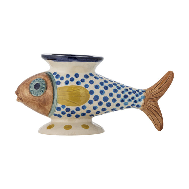 Multicoloured ceramic Nobu Fish Stoneware Vase shaped like a fish, with a flared rim opening on its back, hand-painted blue dot scales, a mustard fin, and a textured tail.