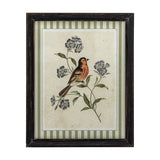 Renji Wooden Framed Print 35.5cm in Multi, showing a songbird on a flowering branch in a distressed black firwood frame with green striped matting, on a plain white background.