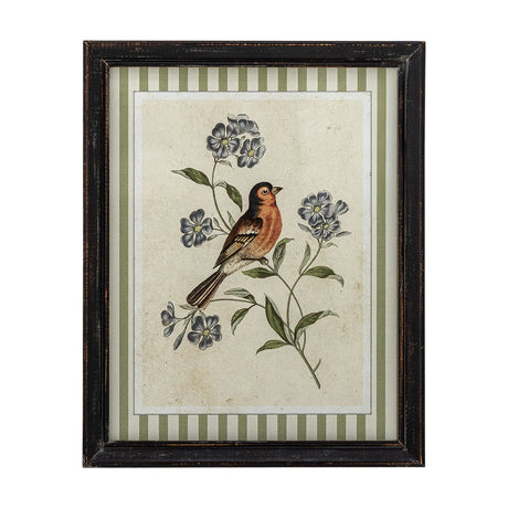 Renji Wooden Framed Print 35.5cm in Multi, showing a songbird on a flowering branch in a distressed black firwood frame with green striped matting, on a plain white background.