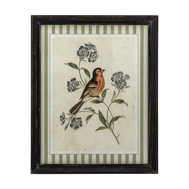 Renji Wooden Framed Print 35.5cm in Multi, showing a songbird on a flowering branch in a distressed black firwood frame with green striped matting, on a plain white background.