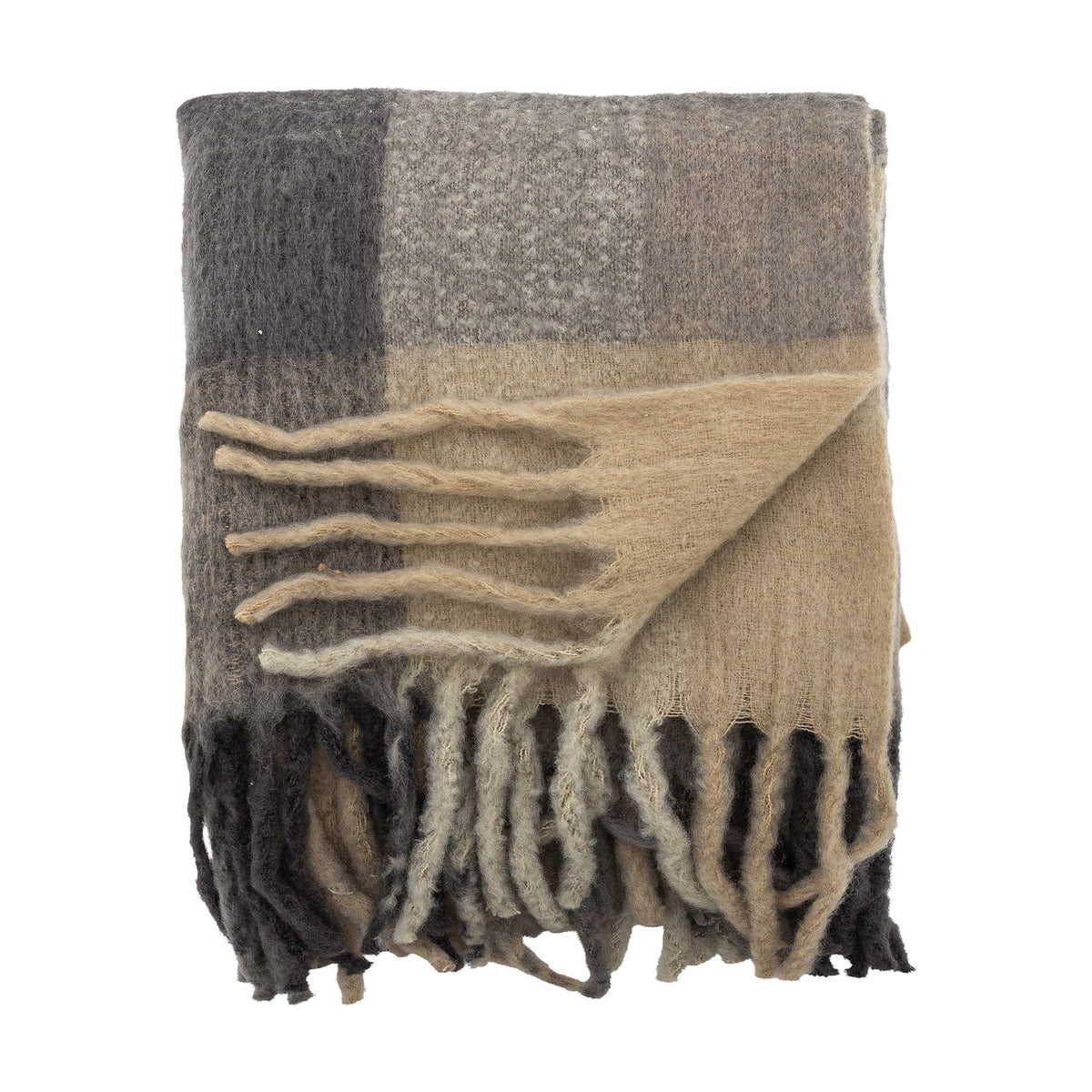 Hamisha Grey Throw in a folded block check of charcoal, grey, and beige, with long chunky fringe, shown on a plain white background.