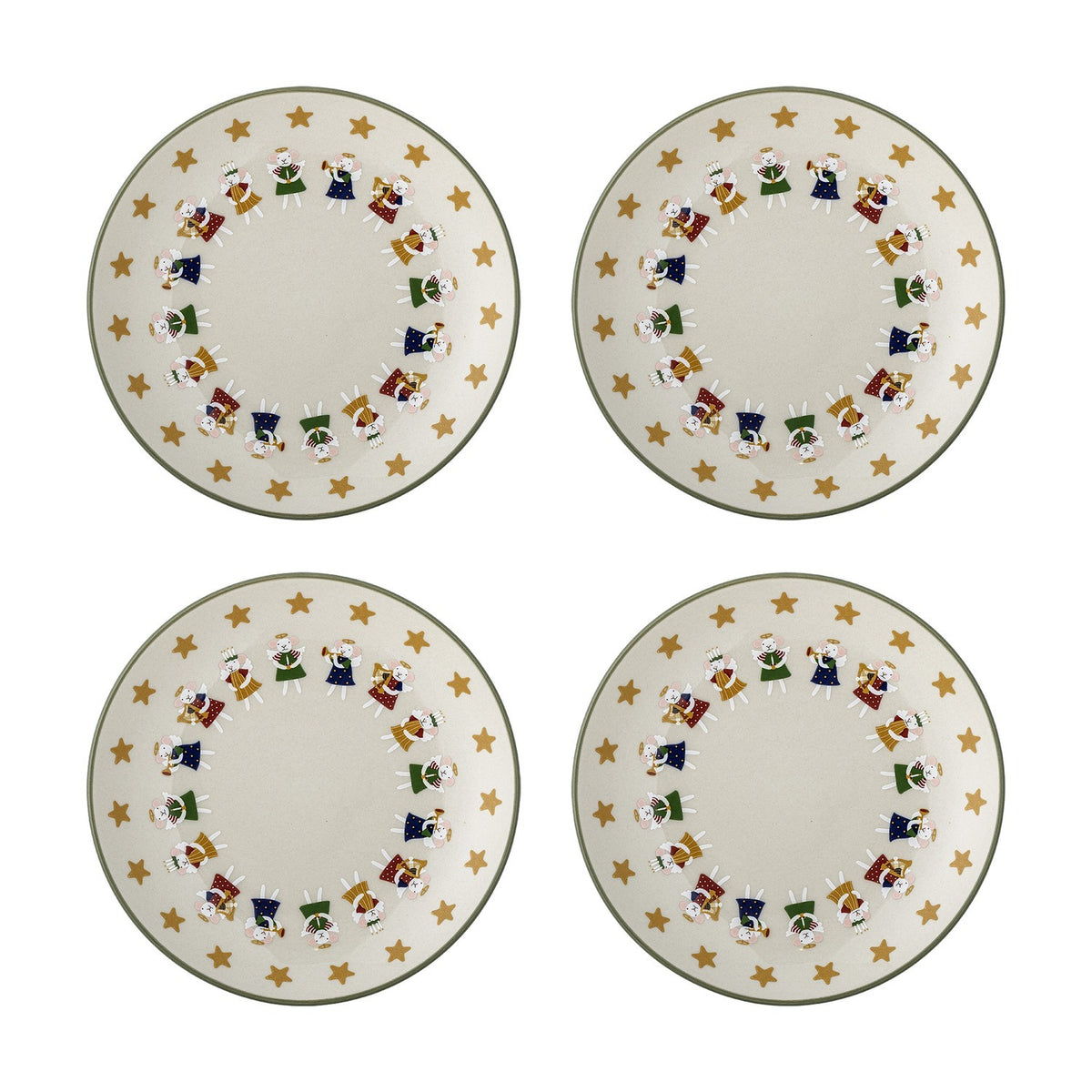 Set of four cream stoneware Christmas plates, each with a green rim, a border of gold stars, and a ring of angel mice playing trumpets around a plain centre.