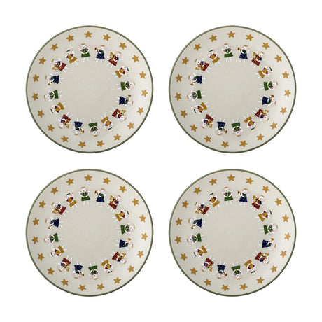Set of four cream stoneware Christmas plates, each with a green rim, a border of gold stars, and a ring of angel mice playing trumpets around a plain centre.