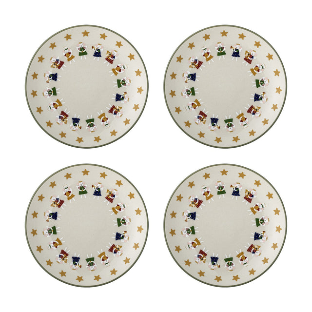 Set of four cream stoneware Christmas plates, each with a green rim, a border of gold stars, and a ring of angel mice playing trumpets around a plain centre.