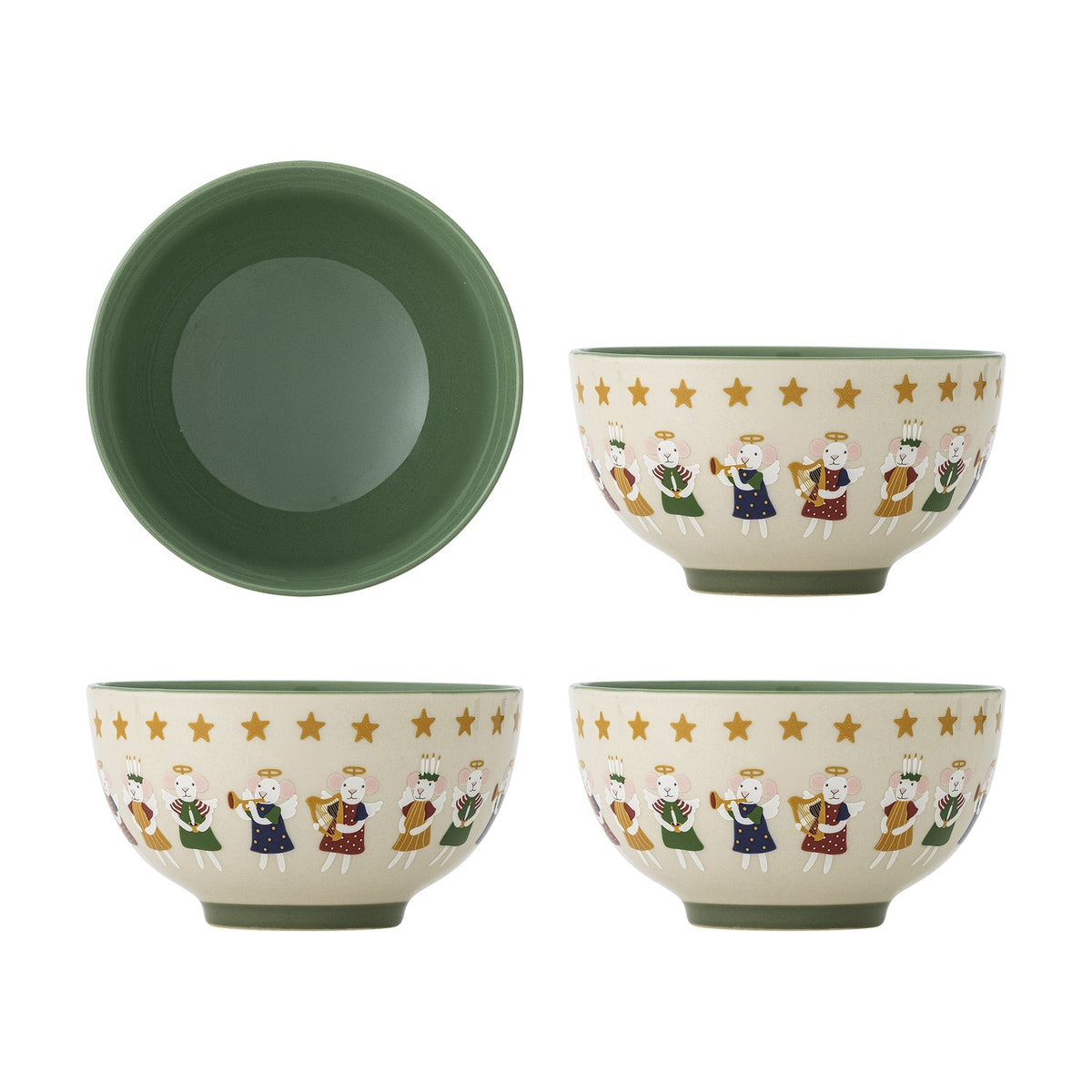 Set of four Peo Star stoneware Christmas bowls, 13.5cm, cream exterior with star bands and angel mice design, green glazed interior, shown on a white background.