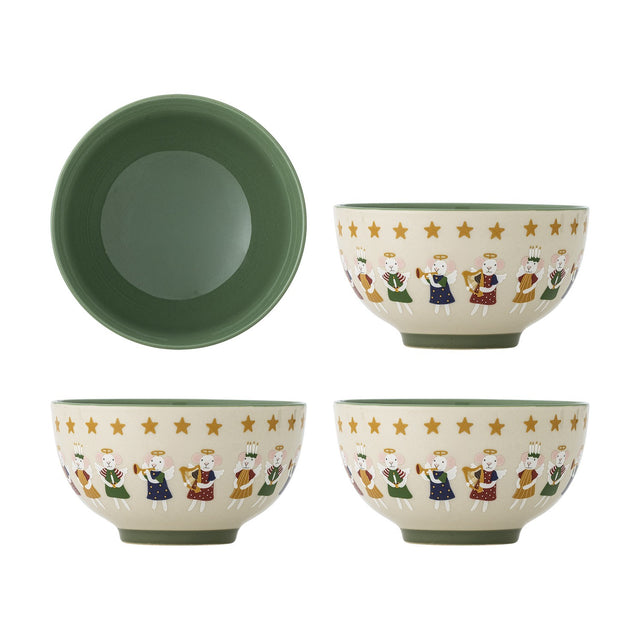 Set of four Peo Star stoneware Christmas bowls, 13.5cm, cream exterior with star bands and angel mice design, green glazed interior, shown on a white background.