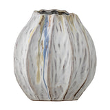Feray Wavy Stoneware Vase 18cm in white, ridged ceramic body with a wavy rim and streaked glaze drips, shown on a plain white background.