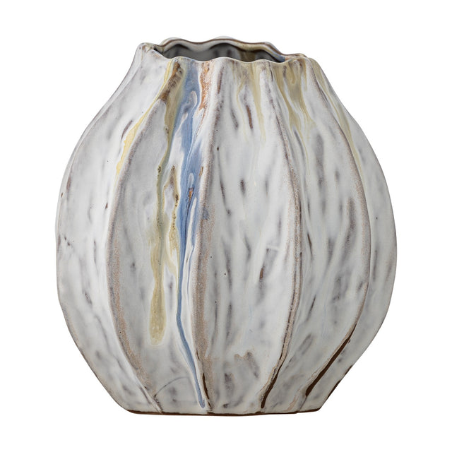 Feray Wavy Stoneware Vase 18cm in white, ridged ceramic body with a wavy rim and streaked glaze drips, shown on a plain white background.