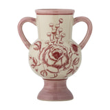 Alea Floral Stoneware Vase 21cm in pink, with a round belly, two loop handles, rolled rim and pedestal foot, hand-painted with rose and floral motifs on a white background.