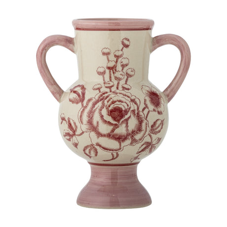 Alea Floral Stoneware Vase 21cm in pink, with a round belly, two loop handles, rolled rim and pedestal foot, hand-painted with rose and floral motifs on a white background.