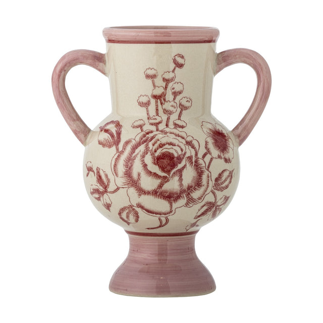 Alea Floral Stoneware Vase 21cm in pink, with a round belly, two loop handles, rolled rim and pedestal foot, hand-painted with rose and floral motifs on a white background.