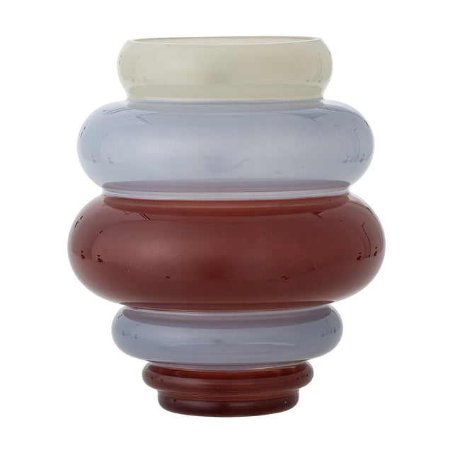 Annhelene Glass Vase 24cm in Multi, a tiered glass vase with cream, blue-grey, and burgundy bands forming a rippled, stacked silhouette, shown on a plain white background.