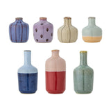 Maien Striped Stoneware Vases, set of 7 short and tall shapes in blue, purple, cream, green, and red glazes with stripes, dots, and speckled finishes, 14cm.