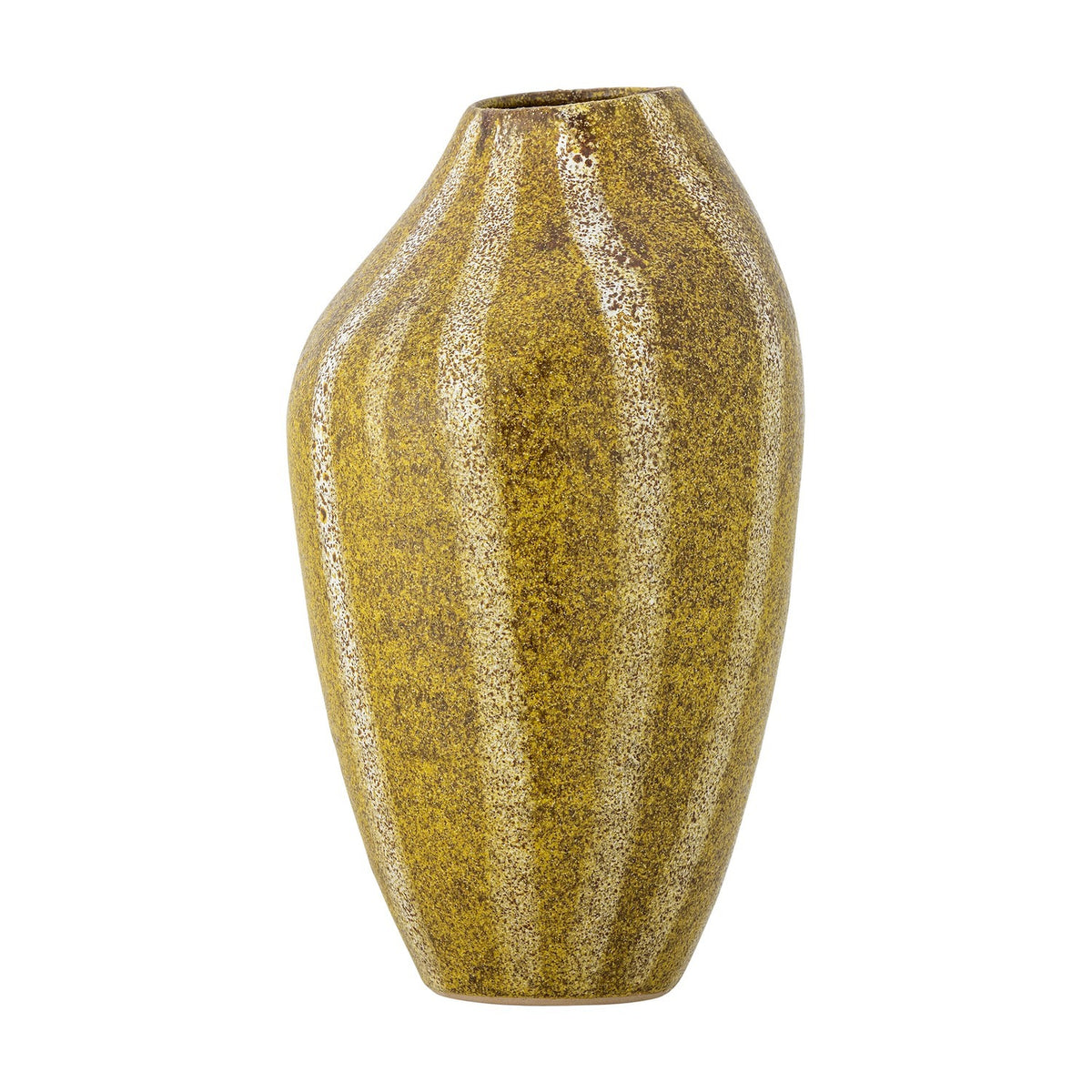 Abella Speckled Stoneware Vase, 35.5cm tall with an asymmetric shoulder and narrow foot, yellow mottled finish with vertical lighter speckled bands, shown against a plain white background.