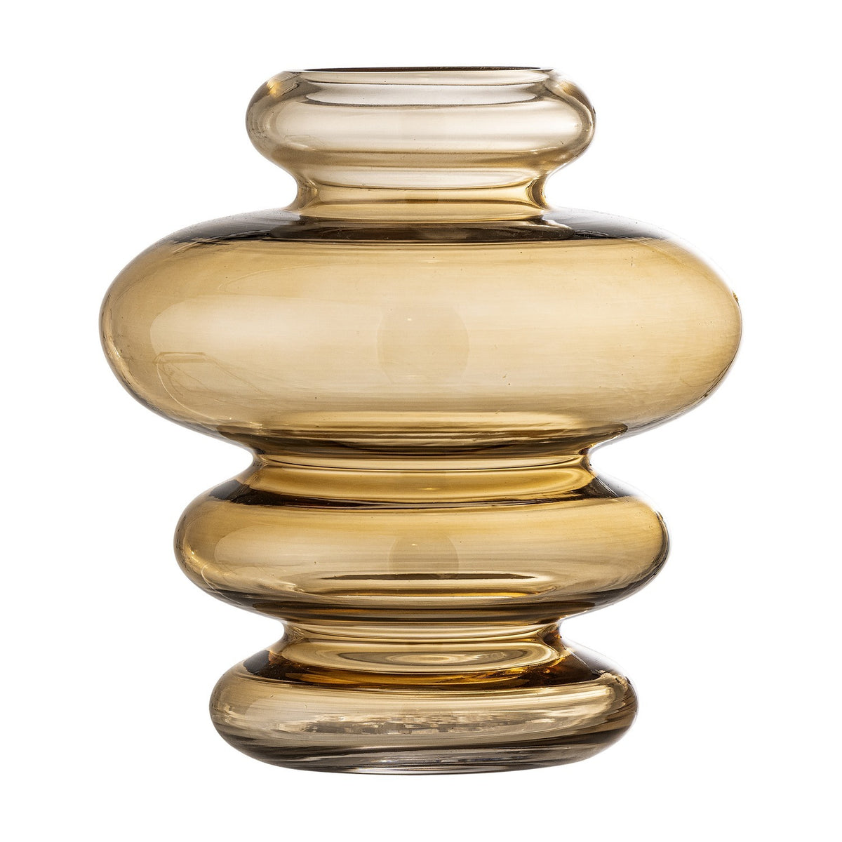 Kayn Glass Vase 19.5cm in transparent amber, with a stacked tiered form of a narrow neck ring, a wide rounded body, and two stepped rings at the base, shown against a plain white background.