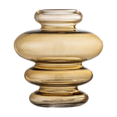 Kayn Glass Vase 19.5cm in transparent amber, with a stacked tiered form of a narrow neck ring, a wide rounded body, and two stepped rings at the base, shown against a plain white background.