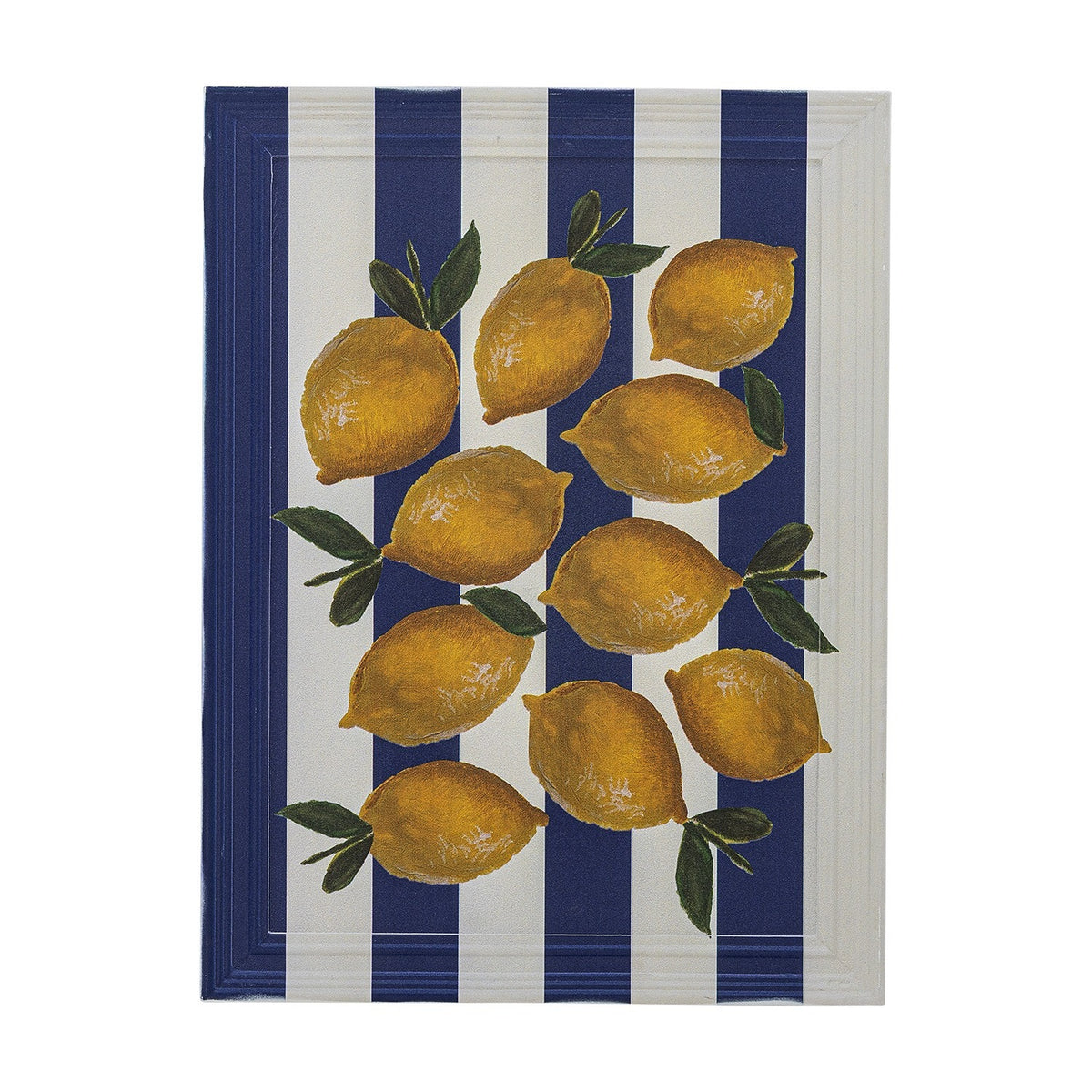 Limone Striped Wooden Framed Print 40x30cm showing painted lemons and leaves scattered over bold navy and white vertical stripes that extend onto the moulded frame.