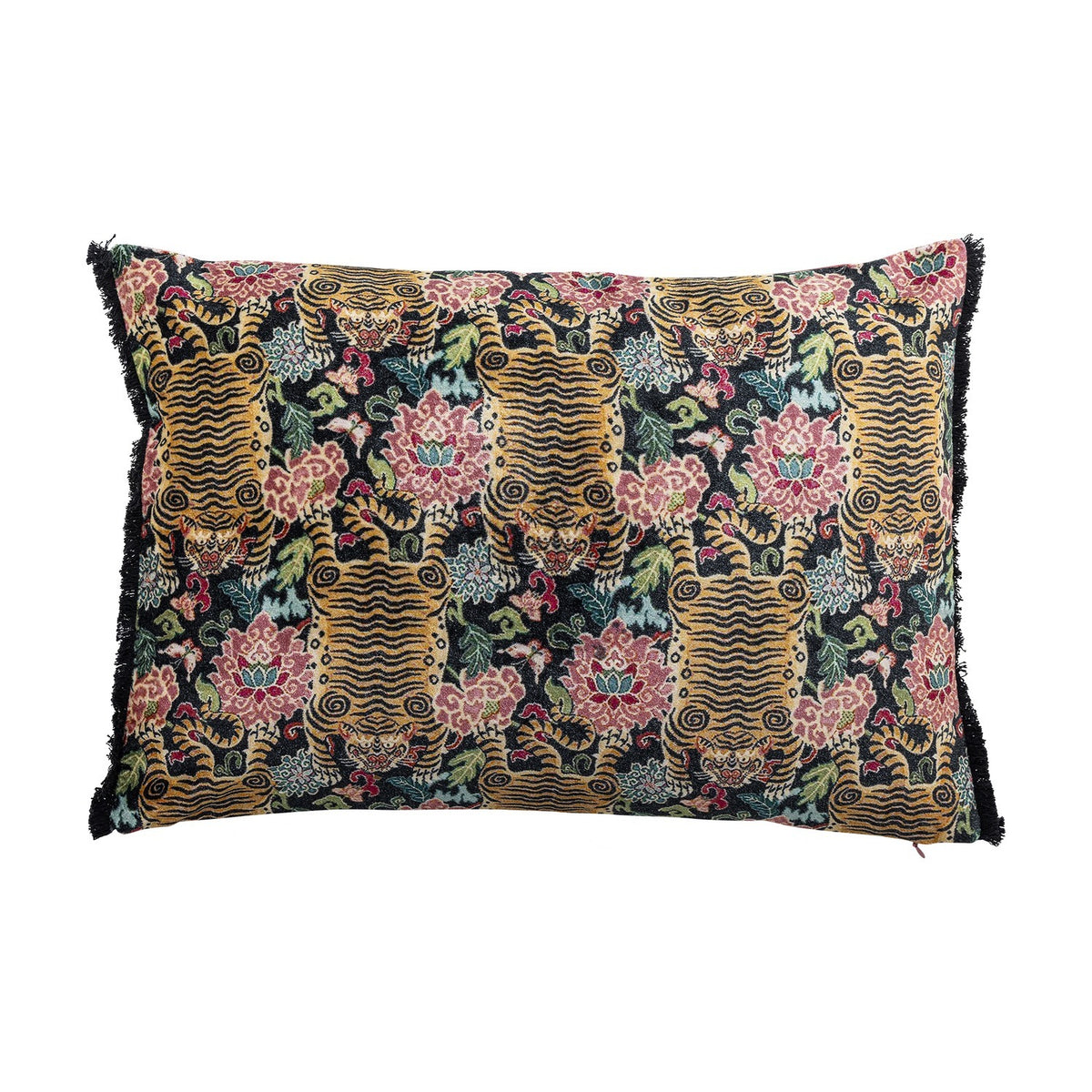 Lester Cotton Cushion in Multi, a rectangular lumbar cushion featuring a printed tiger, floral and leaf pattern in gold, pink and teal with a frayed black edge, shown on a white background.