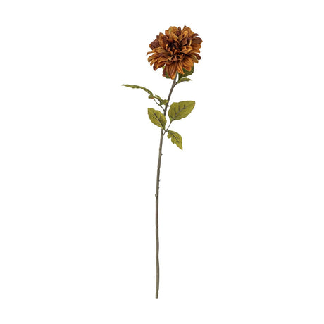 Artificial chrysanthemum stem in orange, 73cm tall with one large layered bloom, green leaves along the slender stem, set against a plain white background.