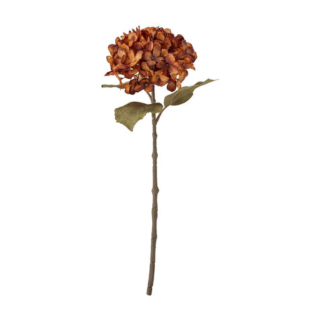 Artificial hydrangea stem with a single rounded orange flowerhead of layered petals, broad green leaves, and a jointed stem, shown on a plain white background.
