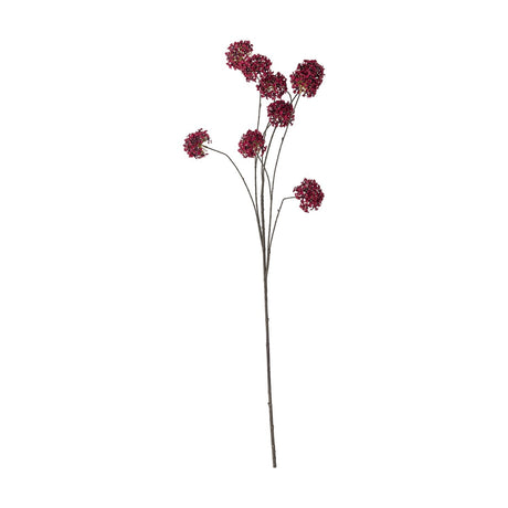 Hydrangea Artificial Stem in Red, a single branching faux stem with clusters of small red flowers at varying heights on a long bare stem, shown against a plain white background.