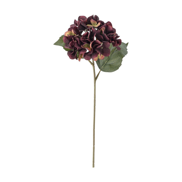 Artificial hydrangea stem, 44cm, with a full rounded head of deep purple florets and two broad green leaves on a slender stem, set against a plain white background.