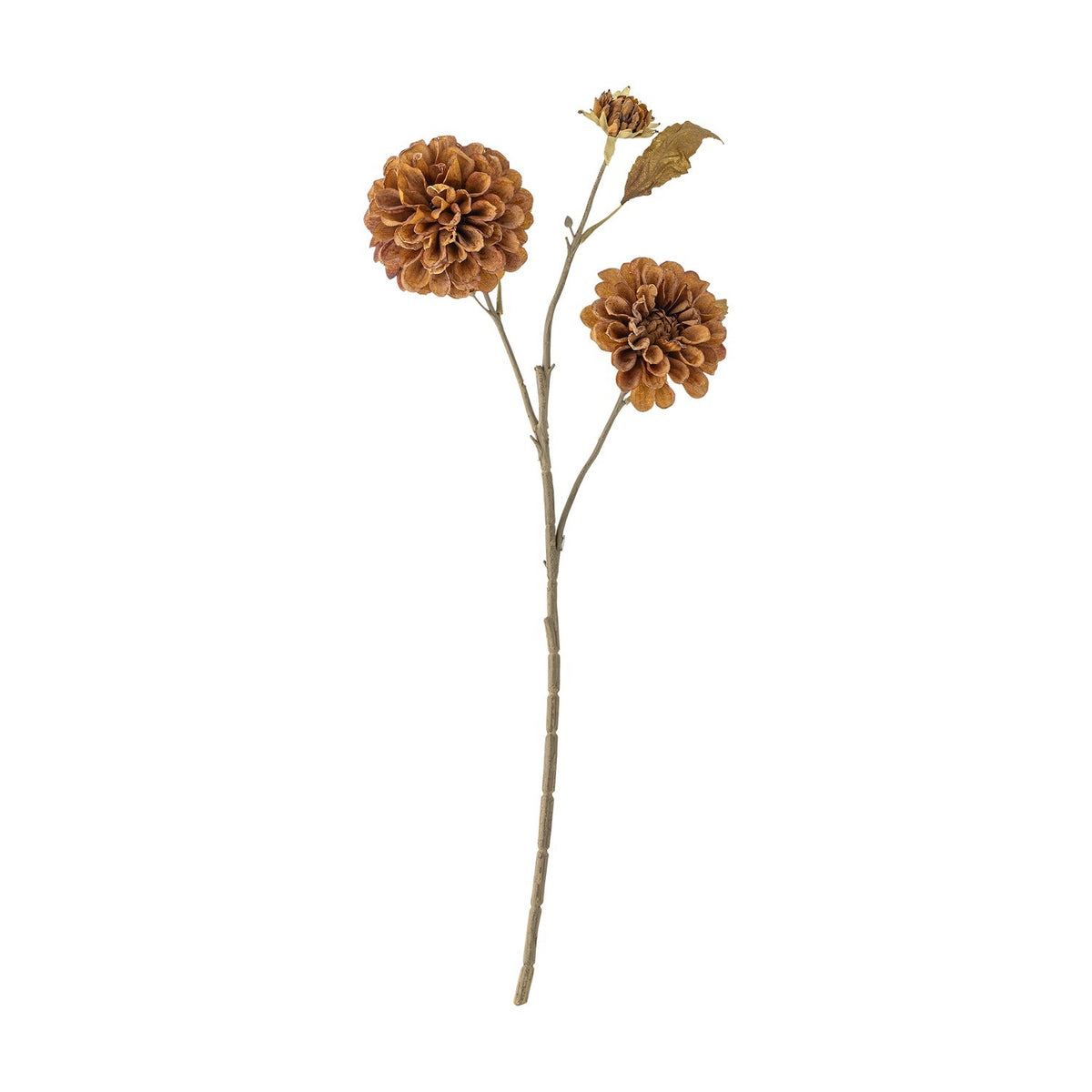Faux chrysanthemum stem, 66cm, with two full orange blooms, a small bud, and leaves on a branching stem against a plain white background.
