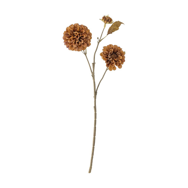 Faux chrysanthemum stem, 66cm, with two full orange blooms, a small bud, and leaves on a branching stem against a plain white background.