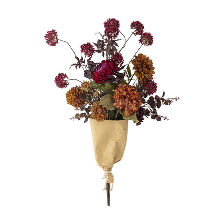Waverly Artificial Bouquet in multicoloured burgundy, rust and gold faux flowers and foliage, wrapped in craft paper with twine, shown against a plain white background.
