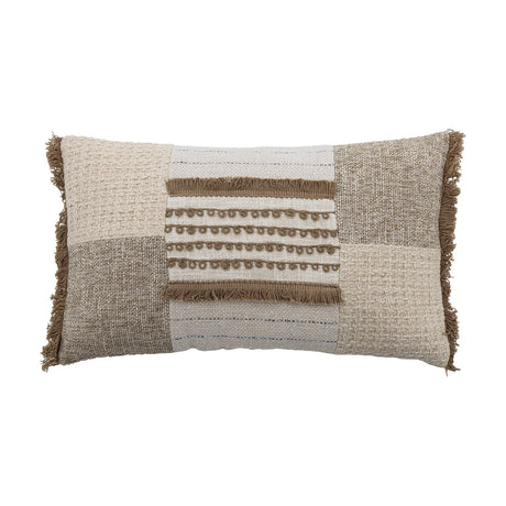 Cinta Cotton Cushion in natural jute and cotton patchwork weave, with checkerboard end panels, fringed short ends, and a central panel of raised looped stitching, shown on a white background.