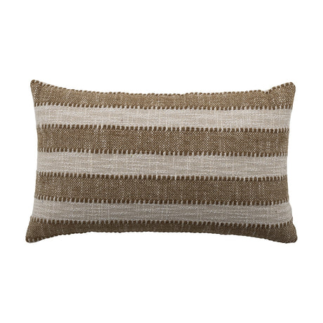 Cinta Striped Cotton Cushion in natural, rectangular lumbar shape with woven horizontal stripes in brown and off-white, stitched dash detailing, set against a plain white background.