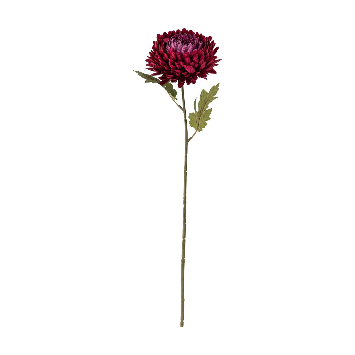 Artificial chrysanthemum stem with a large, densely layered red bloom and green serrated leaves on a long stem, set against a plain white background.