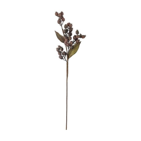 Artificial berry branch in brown with a tall bare stem rising into clustered round berries and long pointed leaves, set against a plain white background.