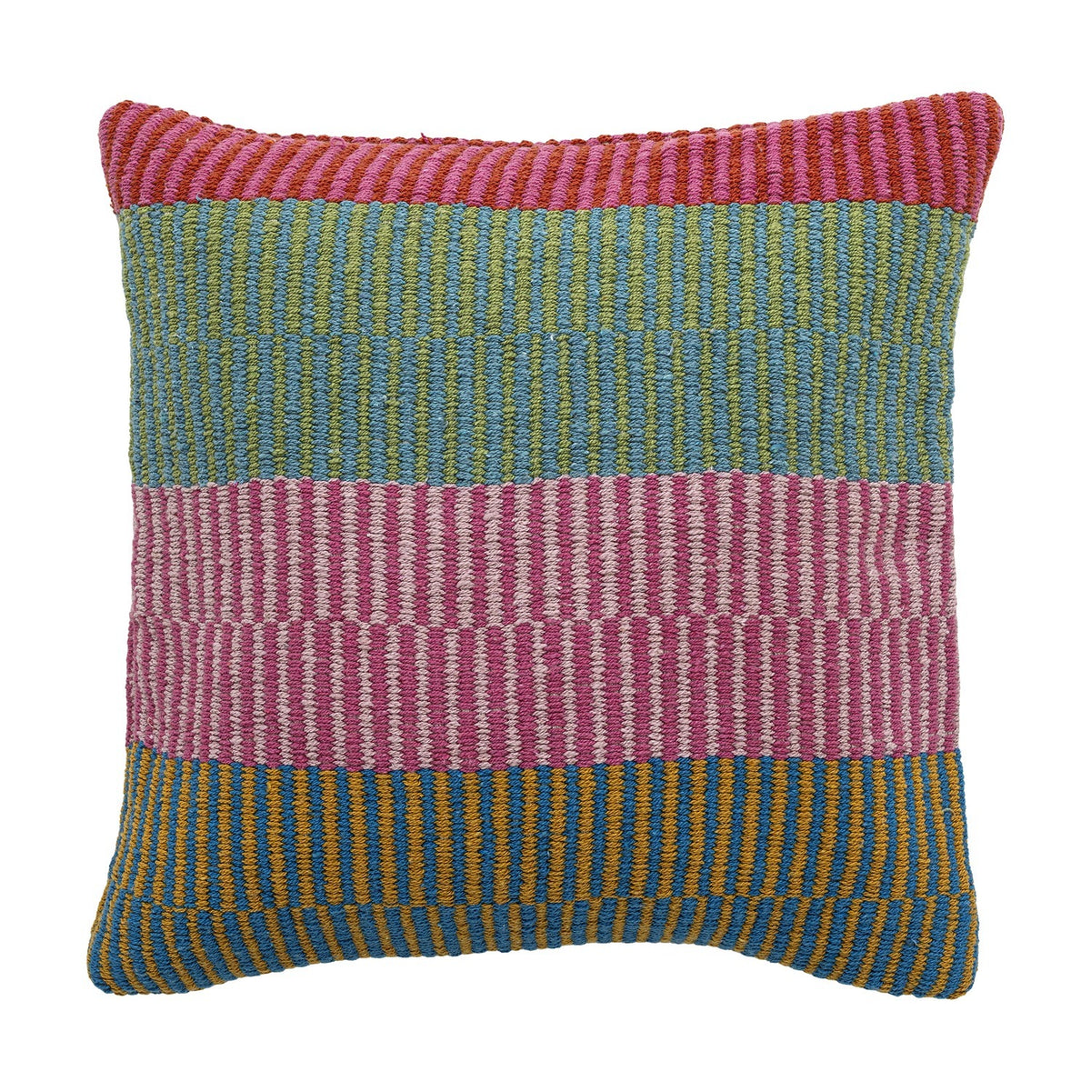 Isnel Pink Striped Cushion with ribbed, corded texture in horizontal bands of pink, green, blue, and mustard on a plain white background.